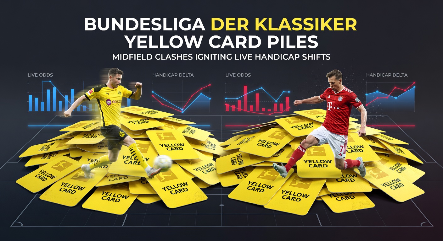 Intense midfield tussle during a Bundesliga Der Klassiker match, with a referee issuing a yellow card amid flying tackles and heated exchanges