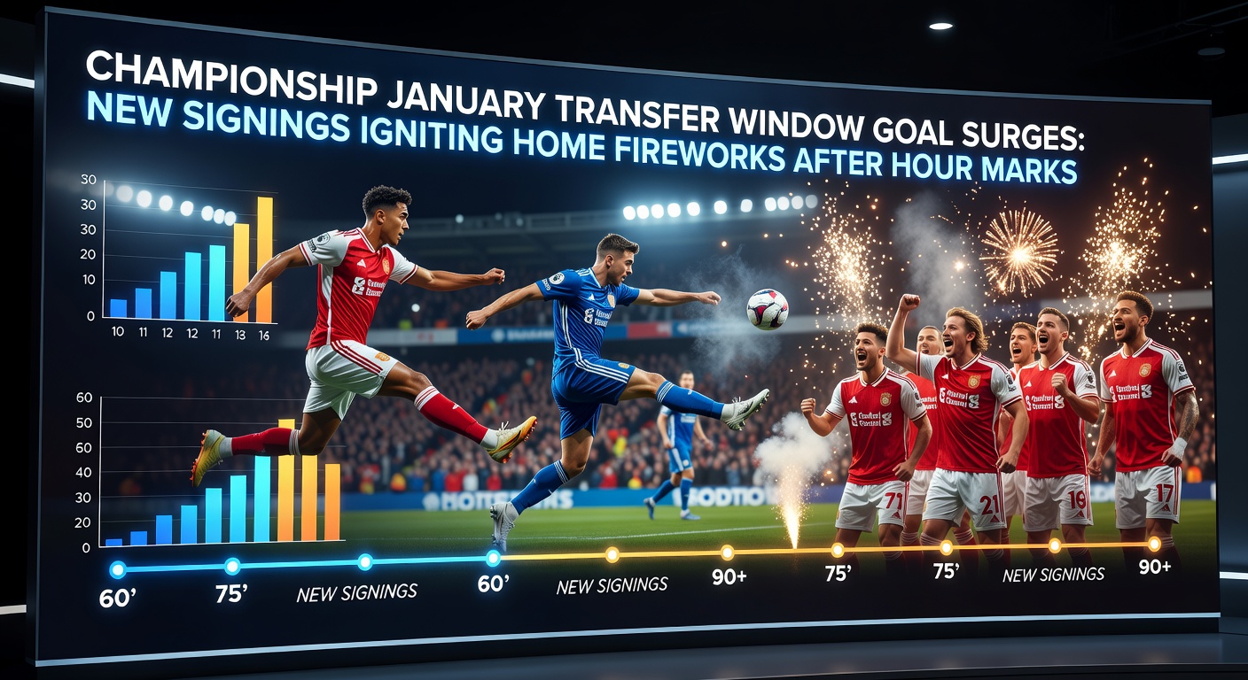 A Championship player celebrating a late home goal after a January signing, crowd erupting in the stands