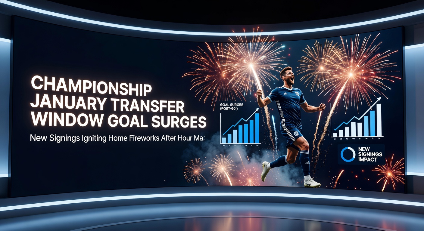 Championship stadium lit up during a late-goal celebration, new signing mobbed by teammates