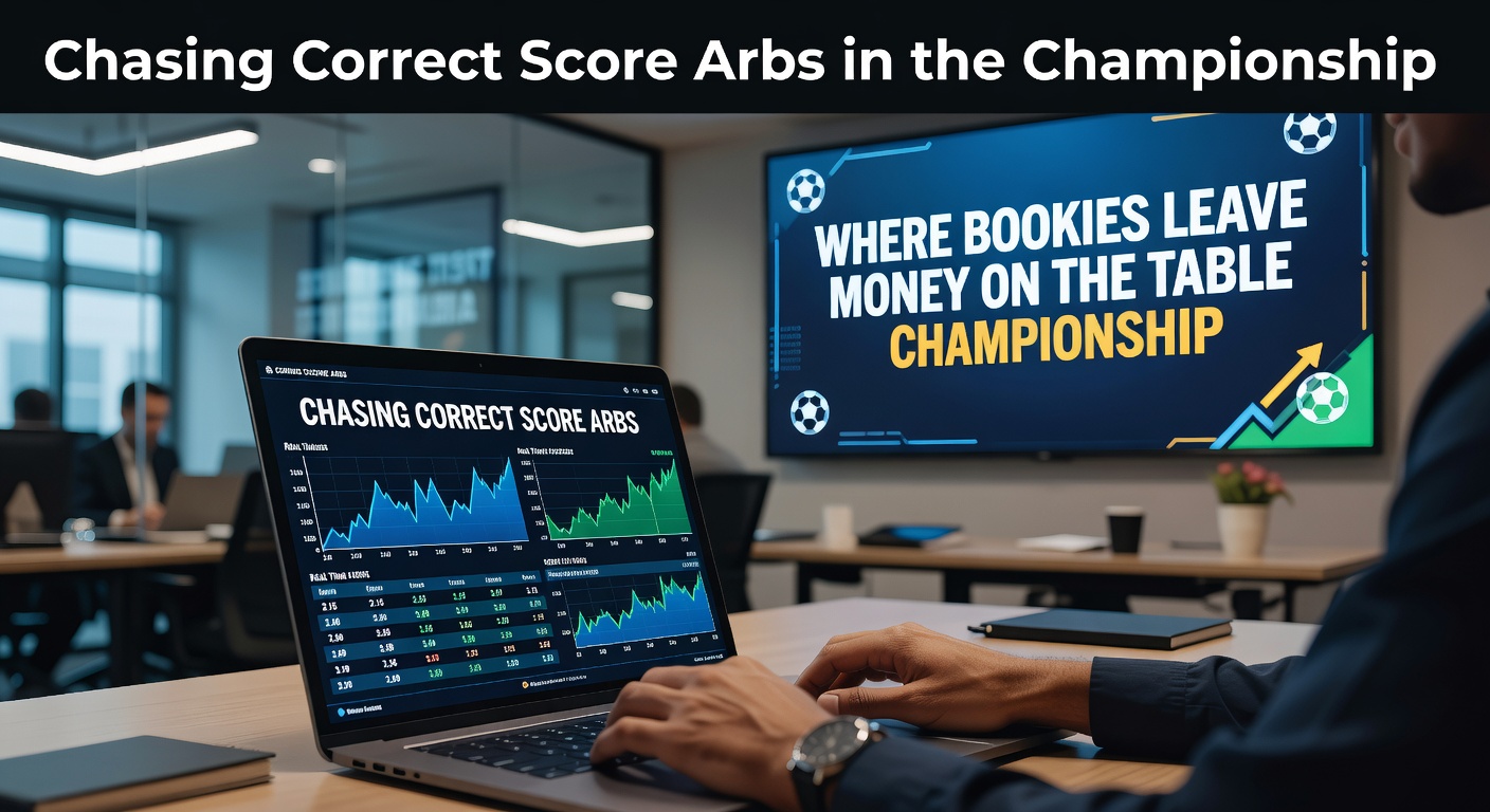 A digital dashboard displaying fluctuating correct score odds across multiple bookmakers during a Championship match, highlighting arbitrage opportunities with green profit indicators