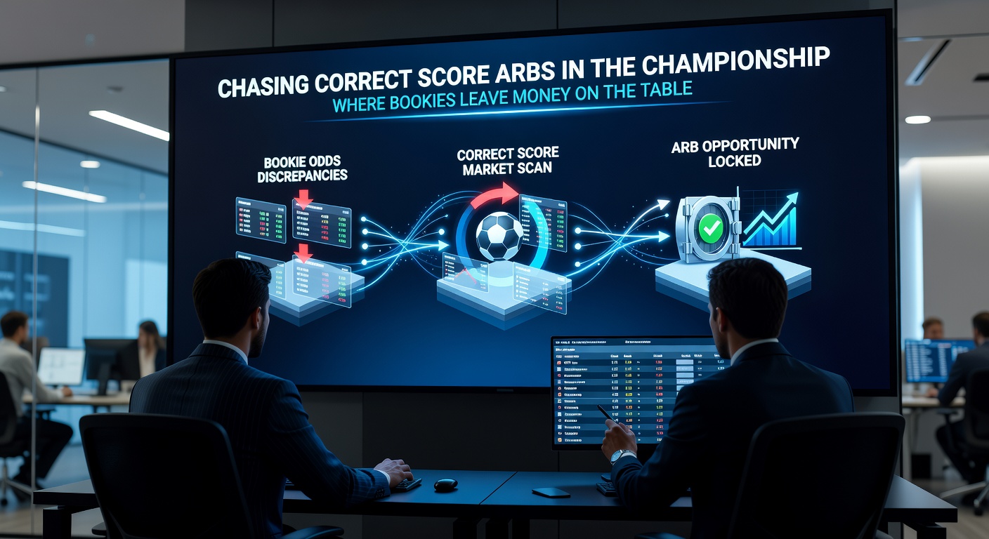 Close-up of a bet slip showing multi-bookmaker correct score selections for a Championship fixture, with calculated stake allocations and projected profit highlighted in a spreadsheet overlay