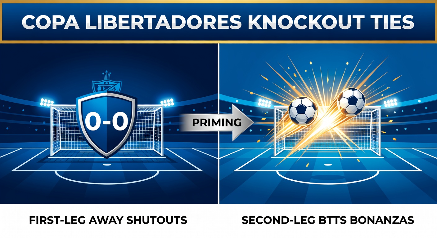 A tense Copa Libertadores knockout match under floodlights, with fans in the stands waving flags as players celebrate a first-leg shutout