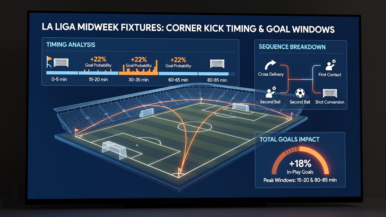 Data visualization showing corner kick timing and goal probability curves during La Liga midweek matches
