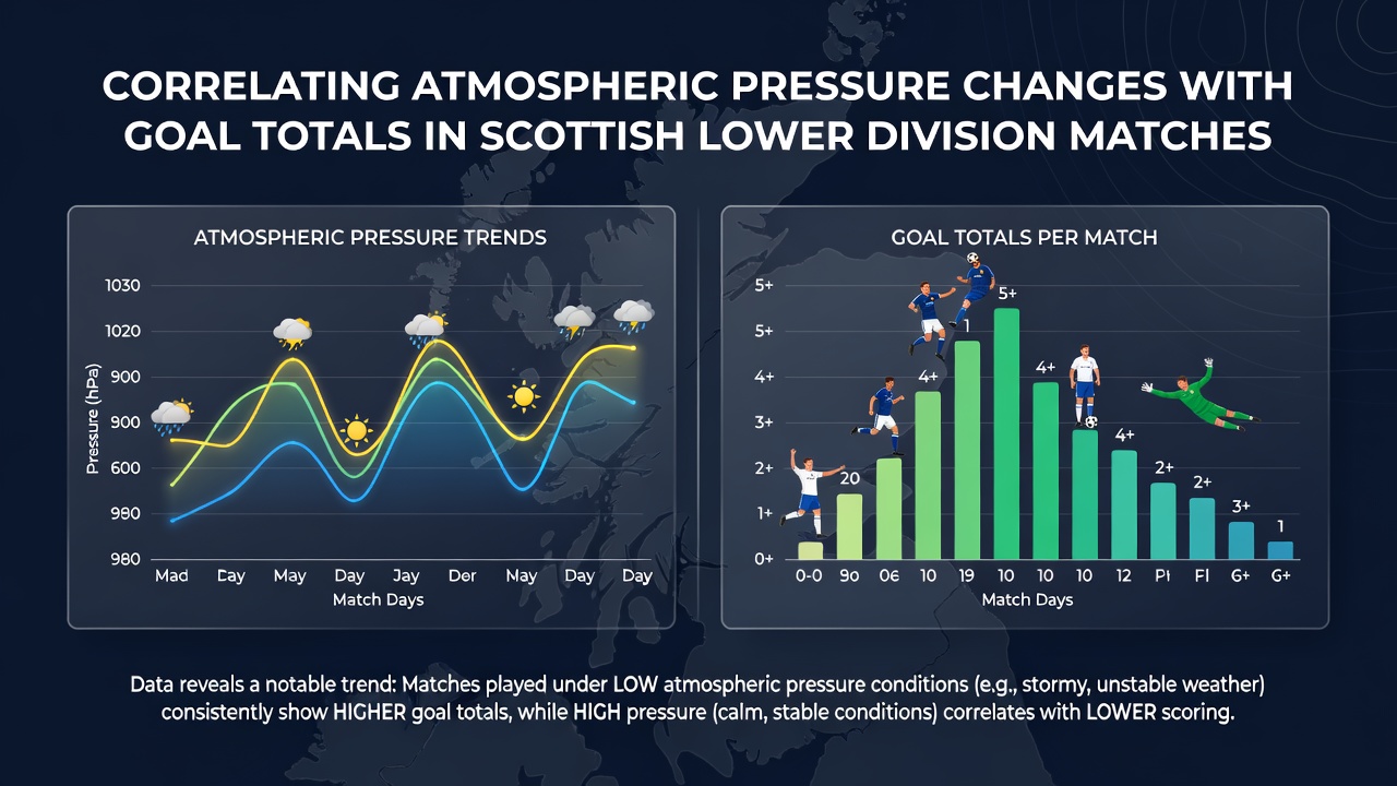 Atmospheric pressure chart overlaid with Scottish football match data from lower divisions
