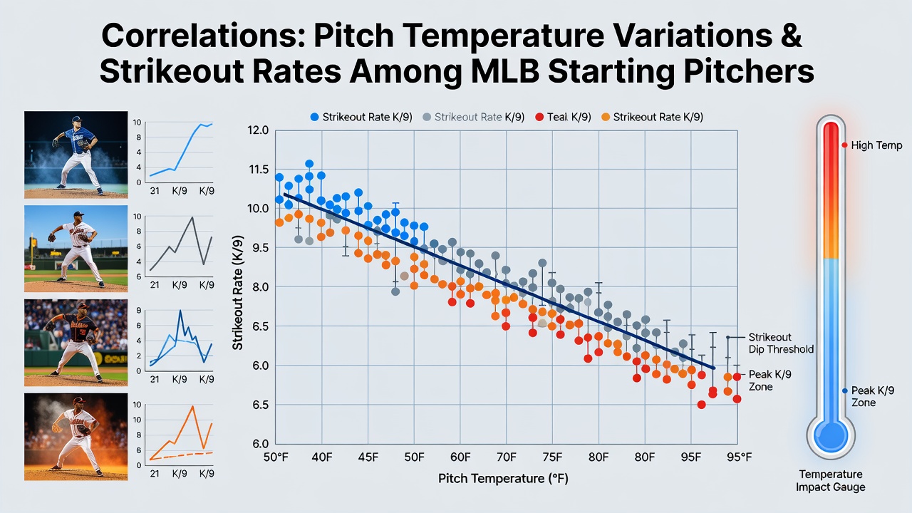 MLB pitcher delivering a pitch on a cool evening with temperature overlay data