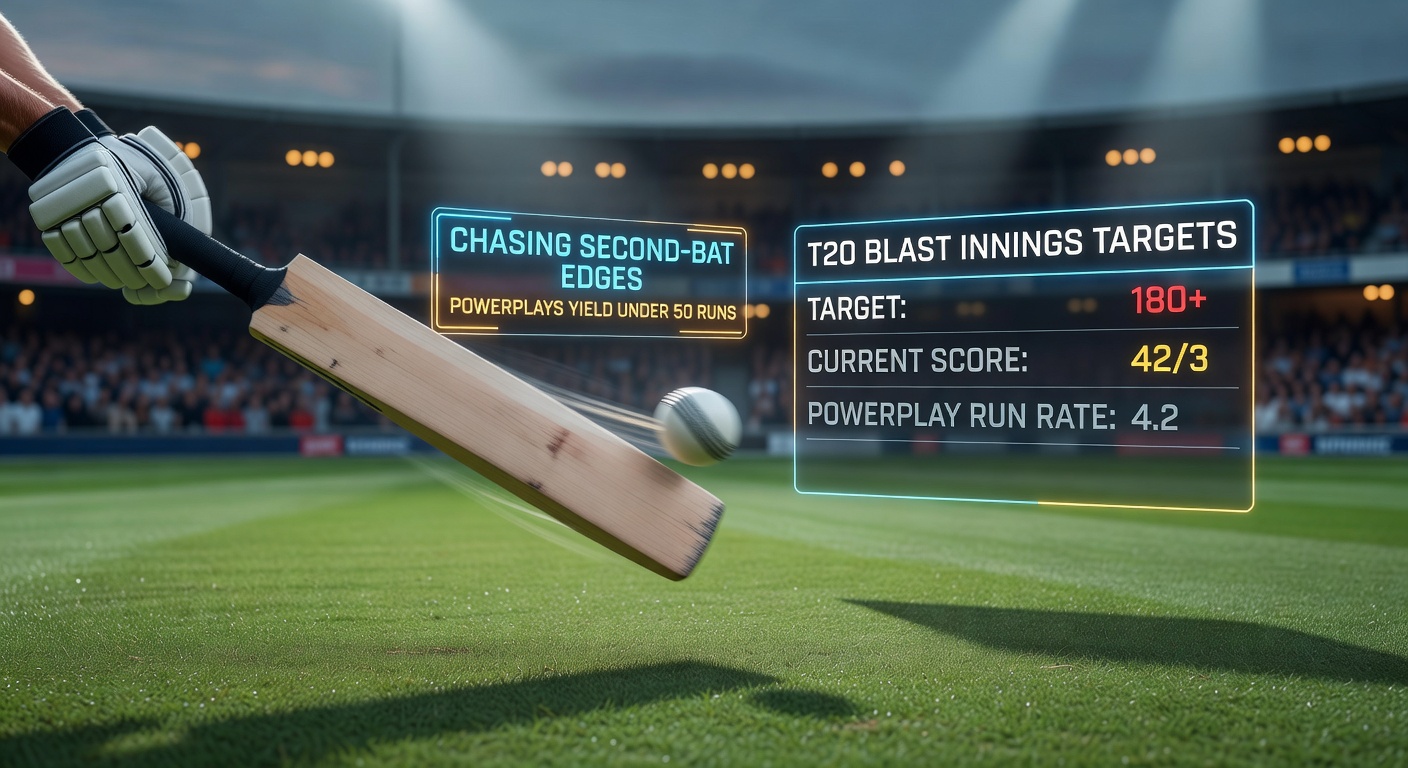T20 Blast powerplay action with bowlers dominating under floodlights, setting the stage for low-scoring starts