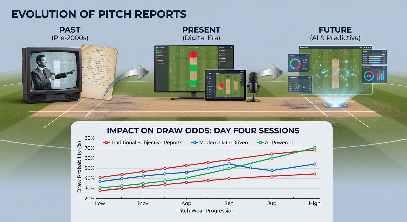 Cricket pitch report analysis showing surface wear patterns across multiple Test venues