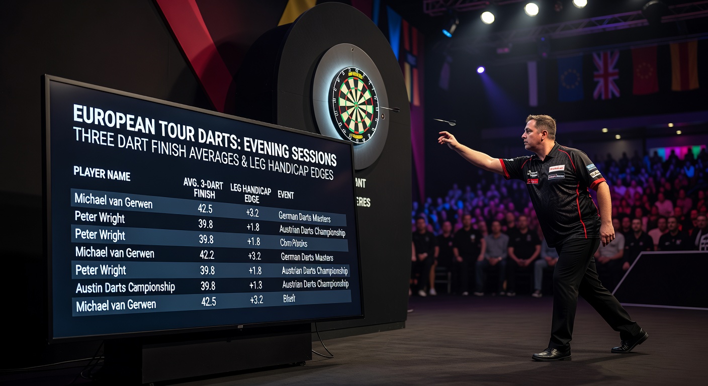 European Tour darts players competing in evening sessions with focus on three-dart averages and leg statistics