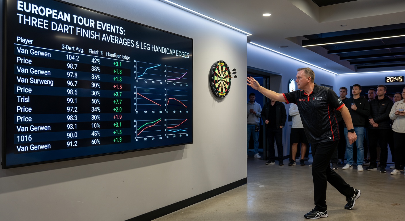 Darts scoreboard showing three-dart averages and leg counts during a late evening European Tour match