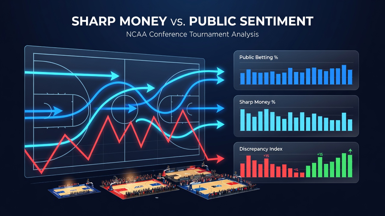 NCAA conference basketball tournament arena with betting odds overlay showing sharp money indicators