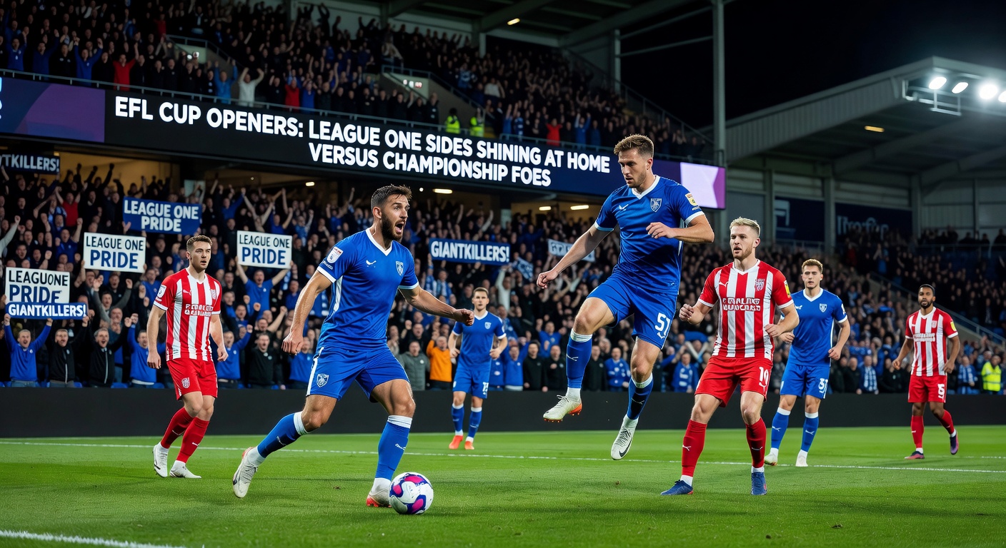 League One players celebrating a goal during an EFL Cup first-round home clash against Championship opposition, crowd roaring in the background