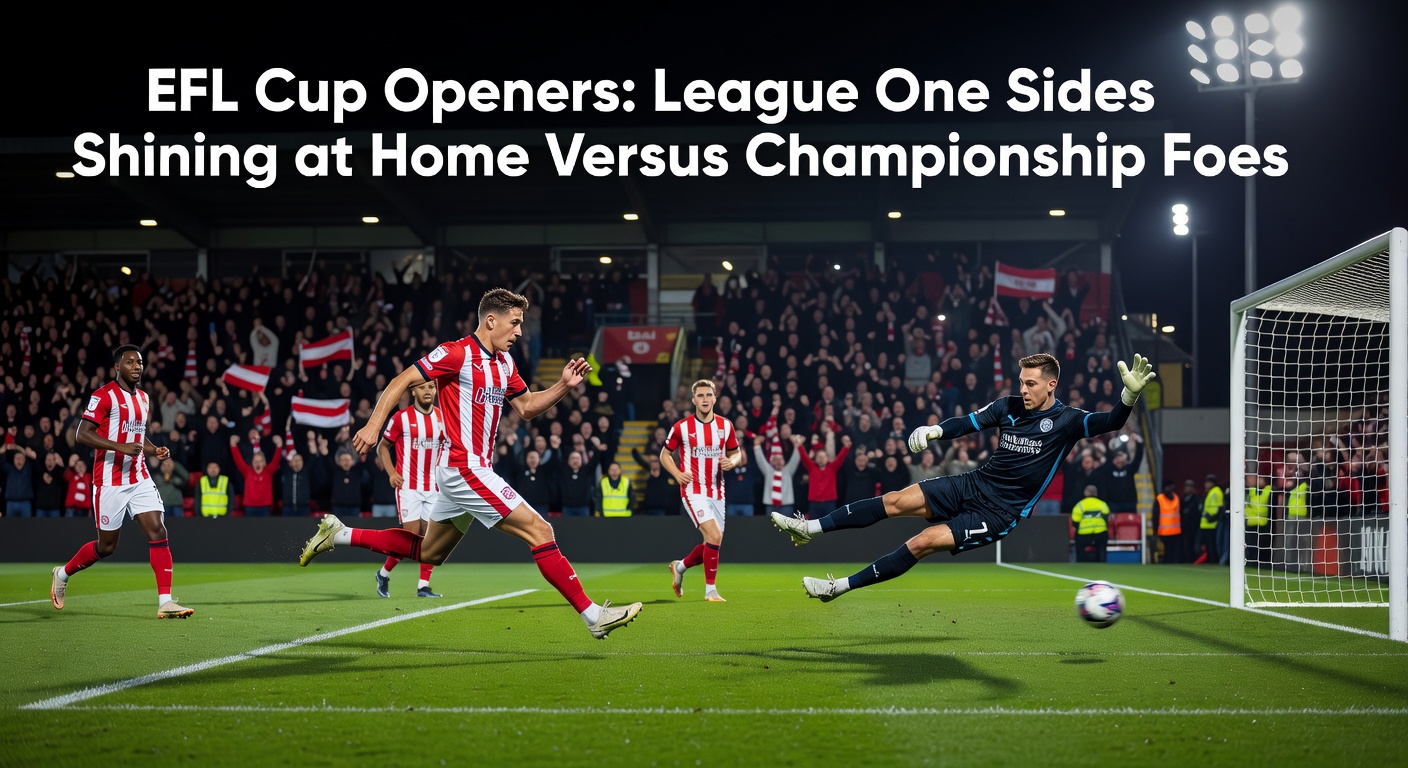 Close-up of a League One defender tackling a Championship forward in a tense EFL Cup opener, turf flying under floodlights