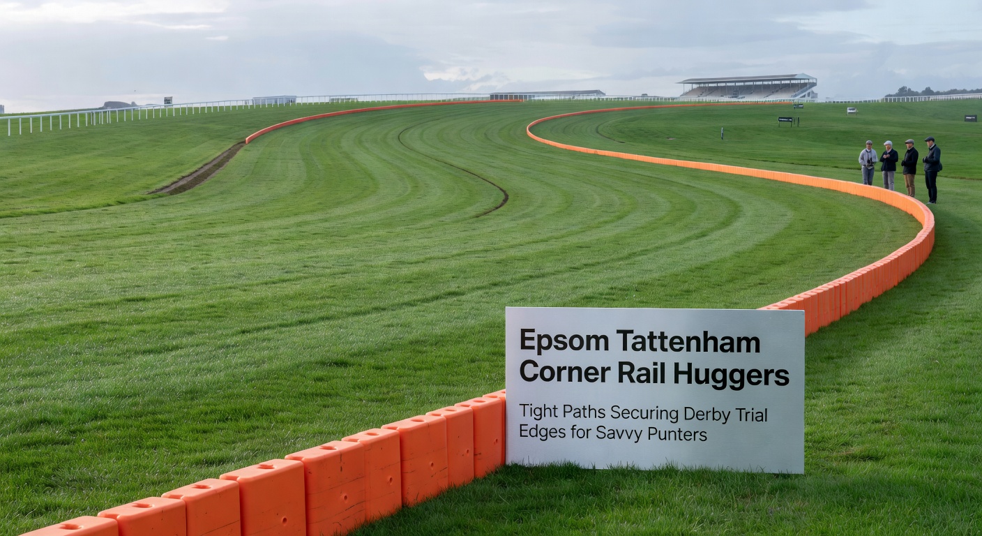 Close-up action shot of a horse and jockey hugging the rail through Tattenham Corner during a Derby Trial, kicking clear from rivals drifting wide