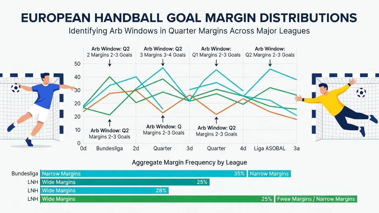 Distribution charts showing goal margin patterns across European handball quarter segments