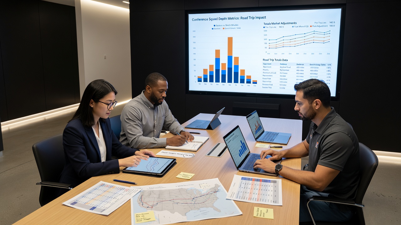 Basketball analysts reviewing road trip performance data and totals market trends