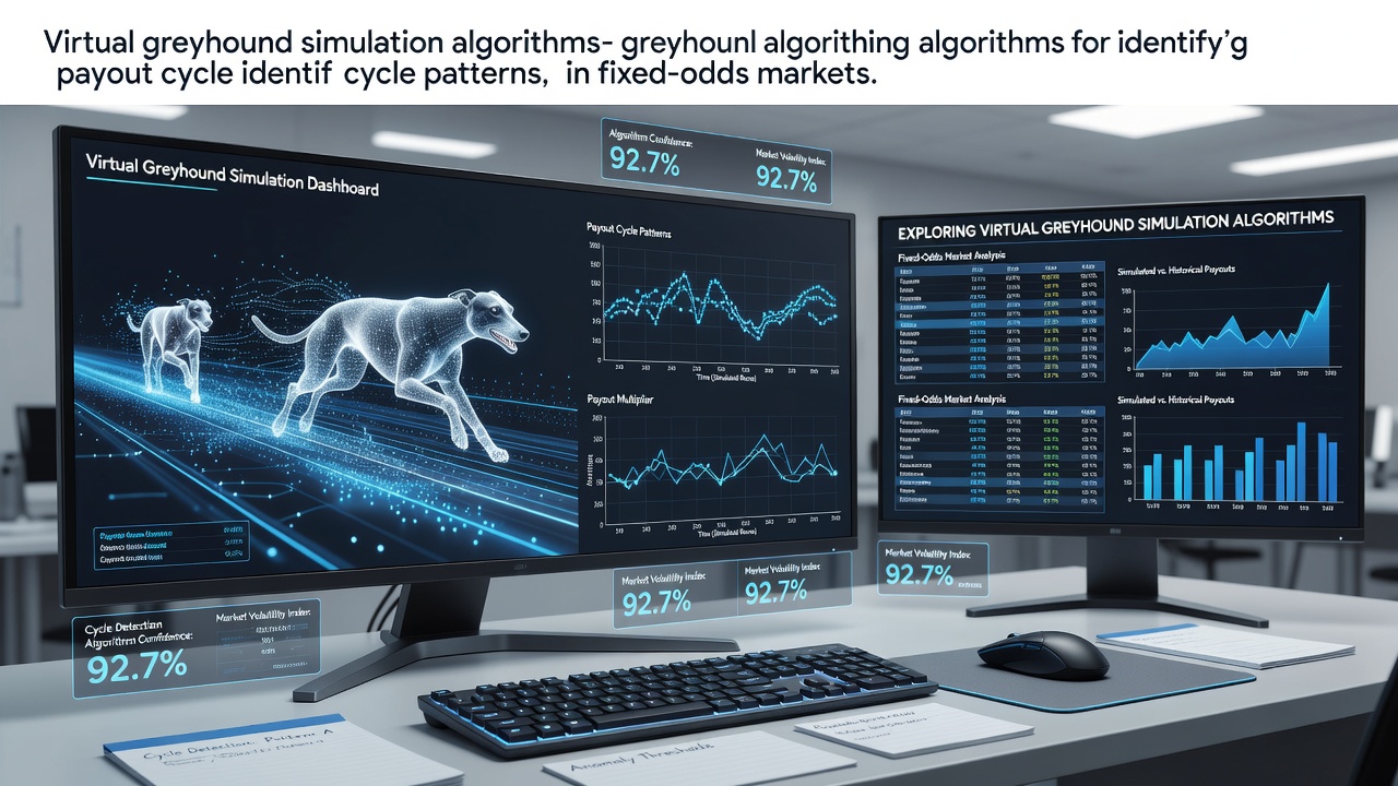 Simulation interface showing virtual greyhound race tracks with algorithmic payout cycle overlays in fixed-odds betting markets