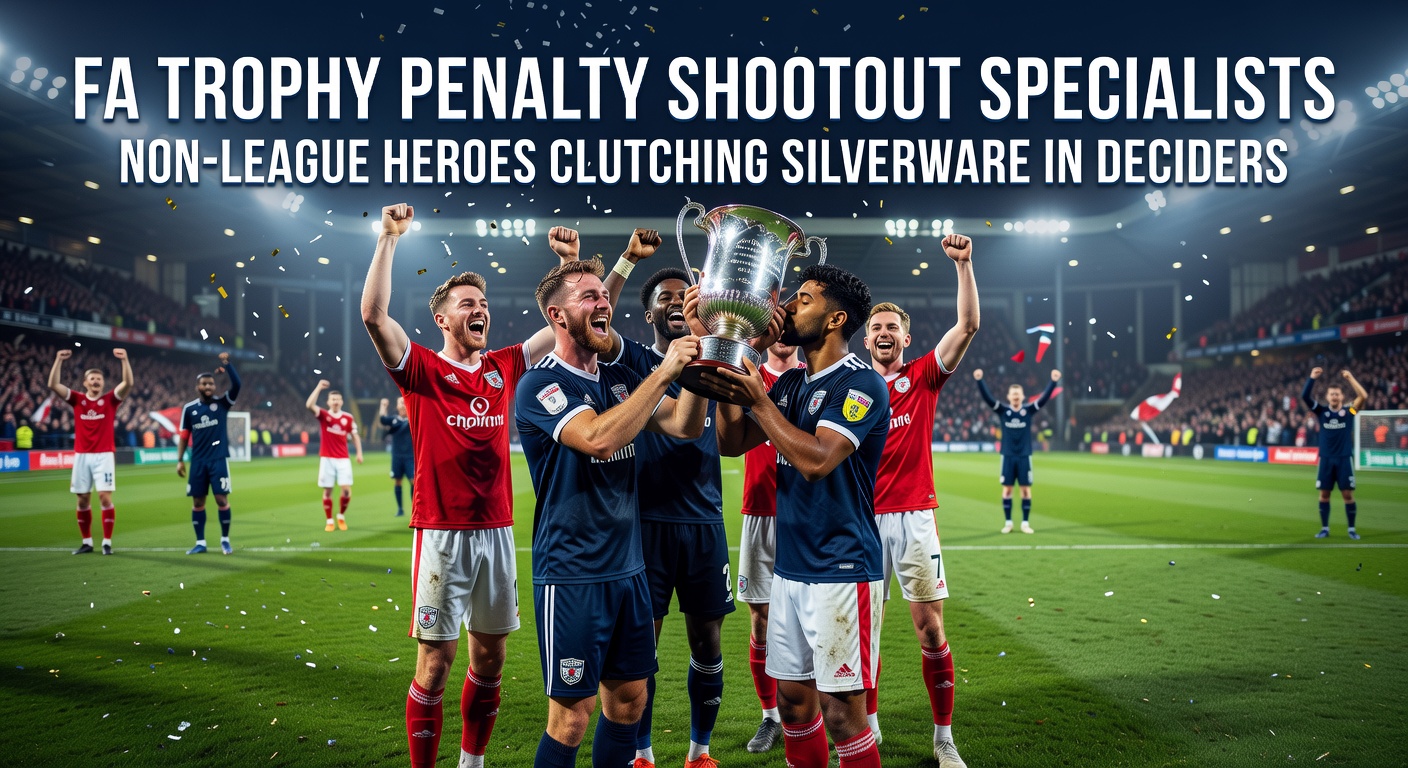Non-league players celebrating FA Trophy win after penalty shootout, silver trophy gleaming under floodlights