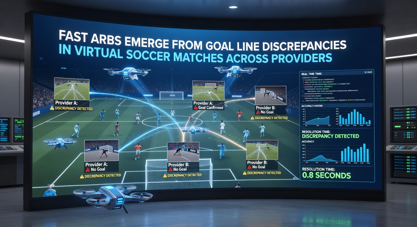 Live screenshot of a virtual soccer match dashboard displaying goal line discrepancies: Provider A at Over 2.5 -110 / Under +100, Provider B at Over +105 / Under -115 across linked bookmakers