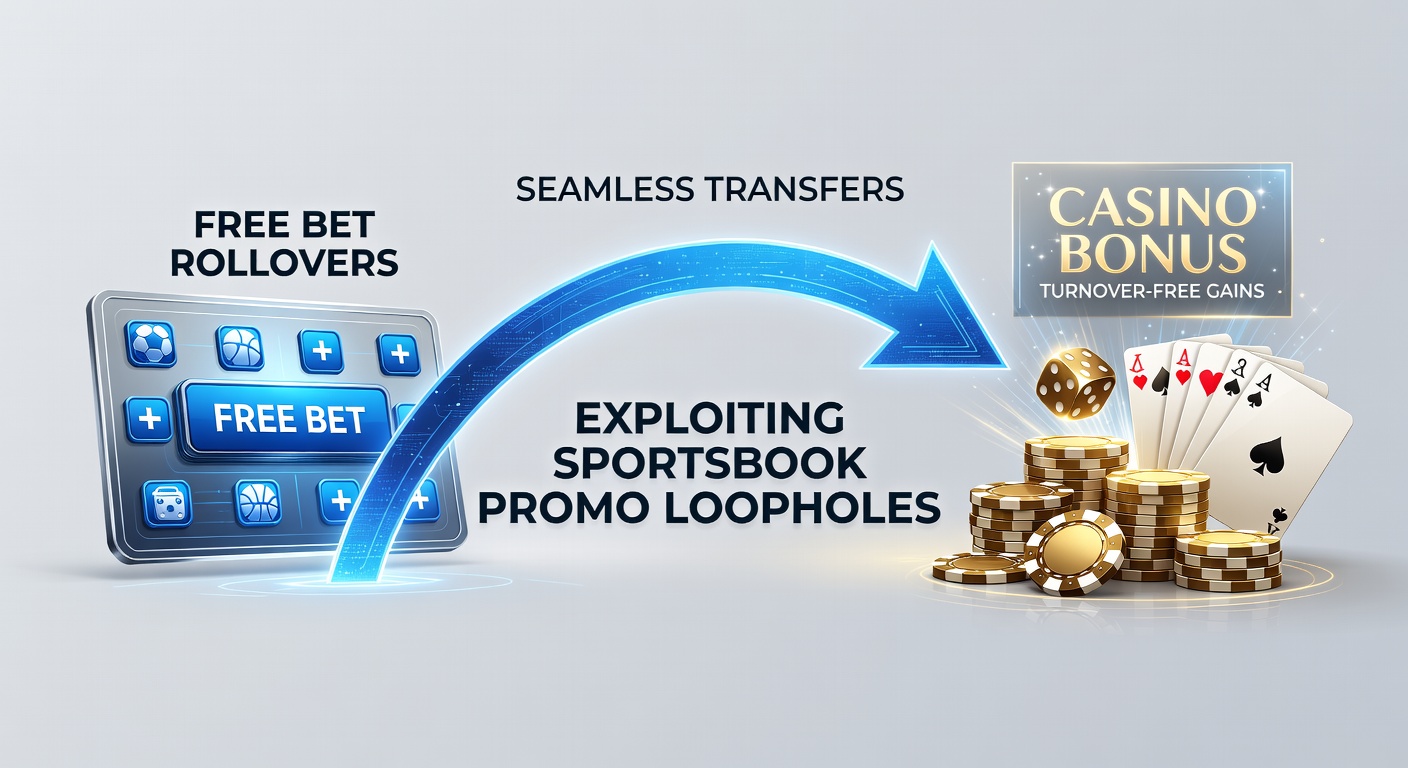 Digital graphic showing free bet icons transforming into casino chips amid glowing transfer arrows, highlighting promo loophole pathways