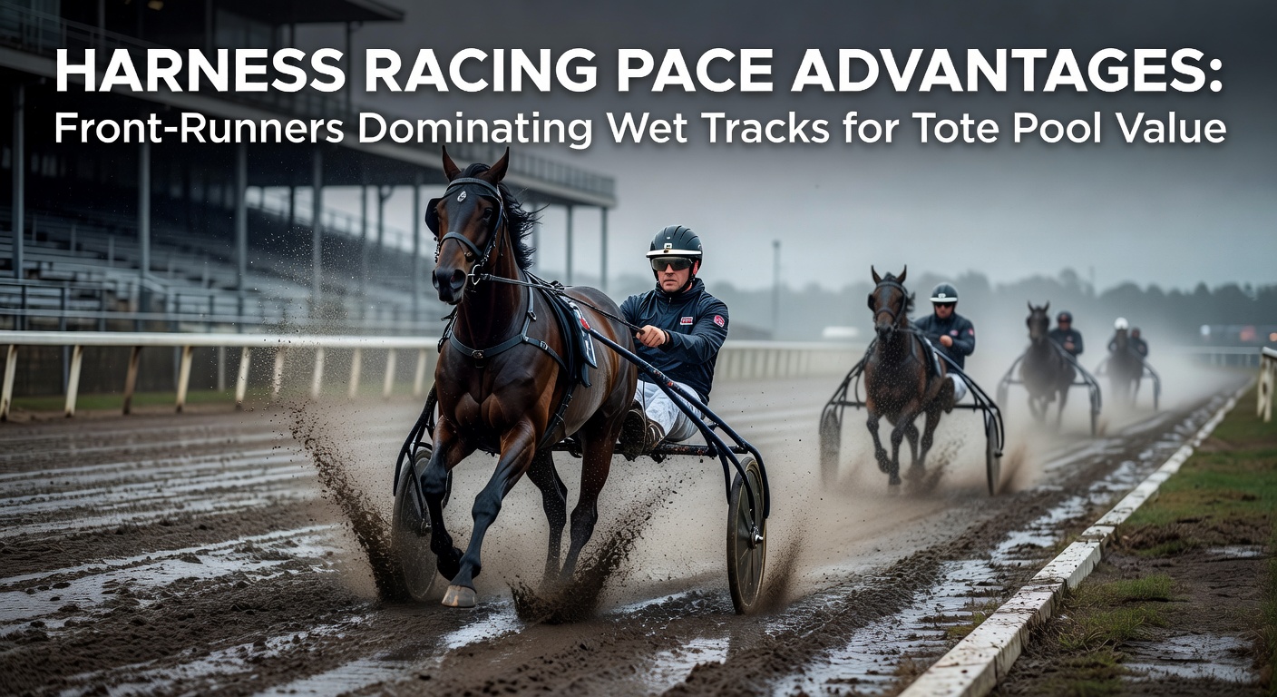 Harness racing sulky leading the pack on a rain-soaked track, spray kicking up from hooves as front-runner pulls away