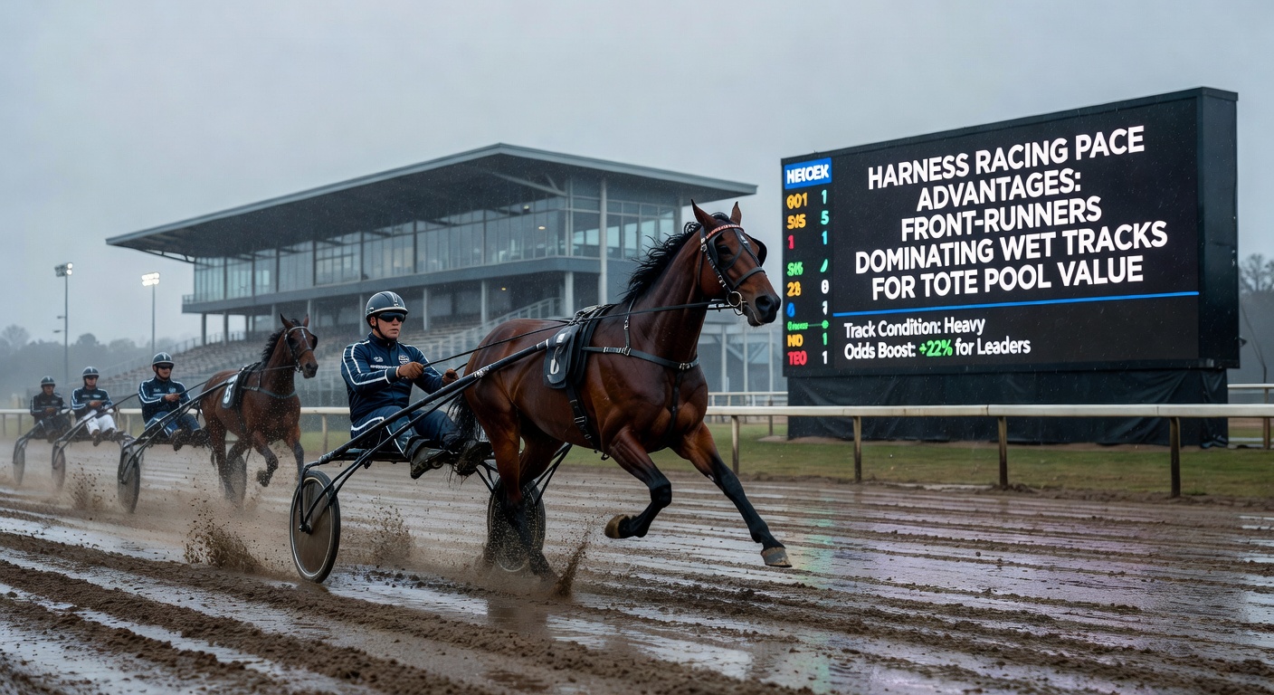 Close-up of front-running harness horse powering through puddles on a wet oval, driver urging it on with reins taut