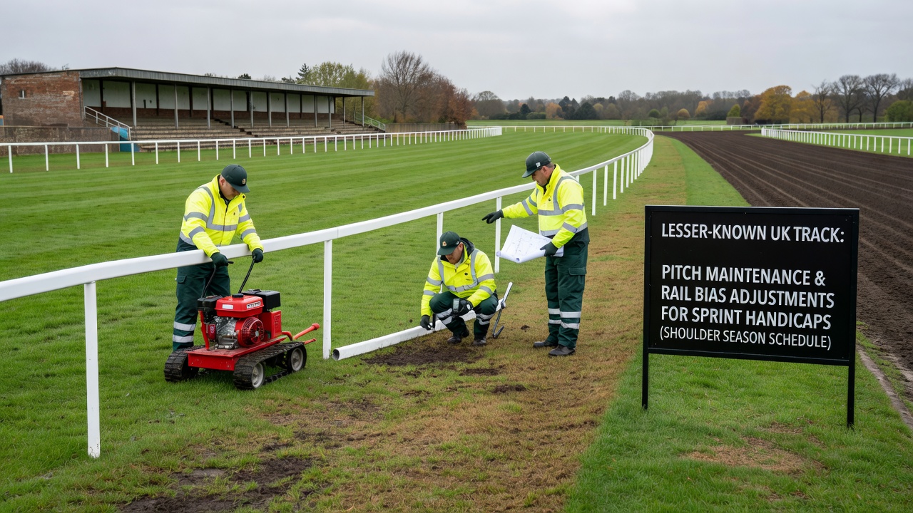 Grounds crew performing aeration work on a UK racecourse pitch during shoulder season preparations
