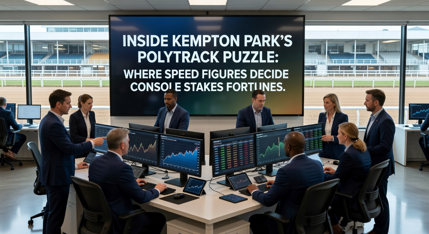 Kempton Park's floodlit Polytrack under evening lights, horses thundering around the bend during a Console Stakes heat