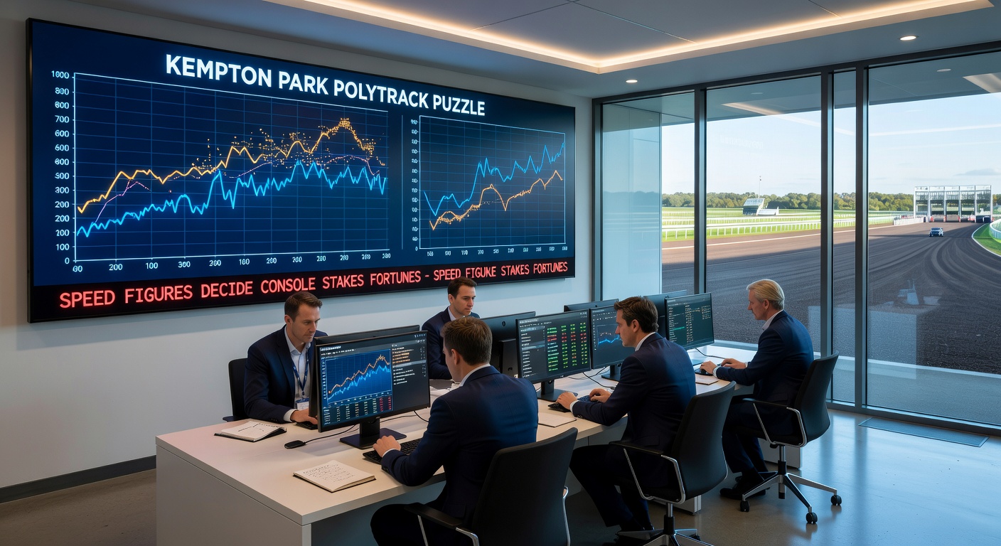 Close-up of a Polytrack finish at Kempton Park during Console Stakes, speed figure overlays highlighting the winner's dominant late kick