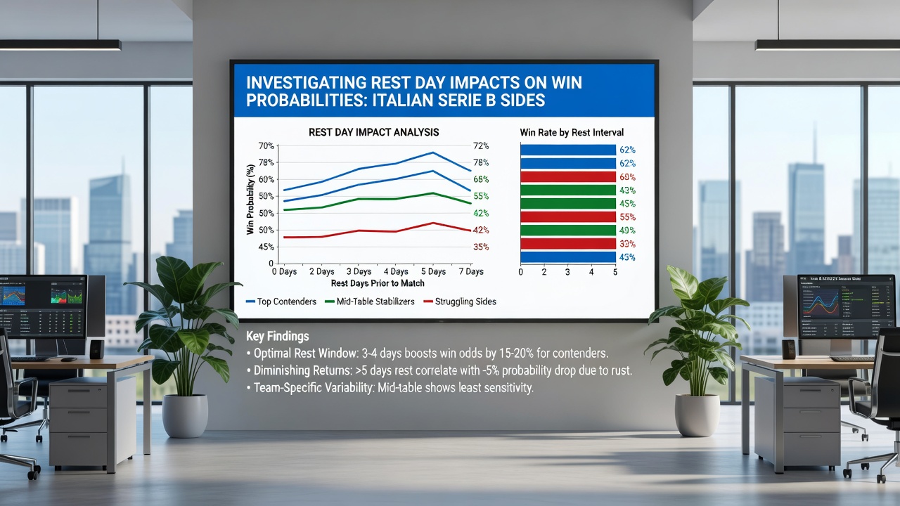 Chart displaying Serie B win percentages plotted against rest day intervals from 2022 to 2026