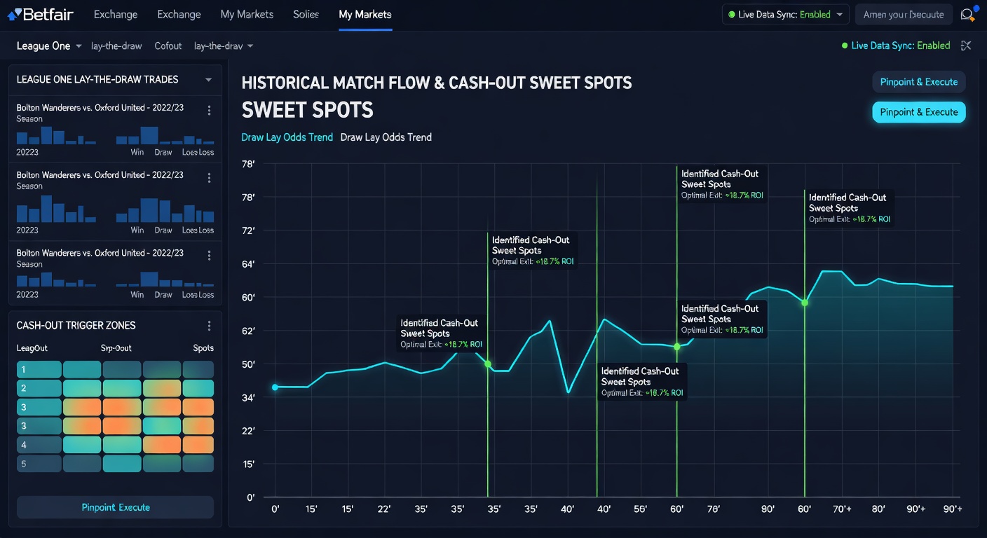 Visual breakdown of Betfair lay-the-draw profit curves in League One, peaking at 65-70 minute marks during lead scenarios