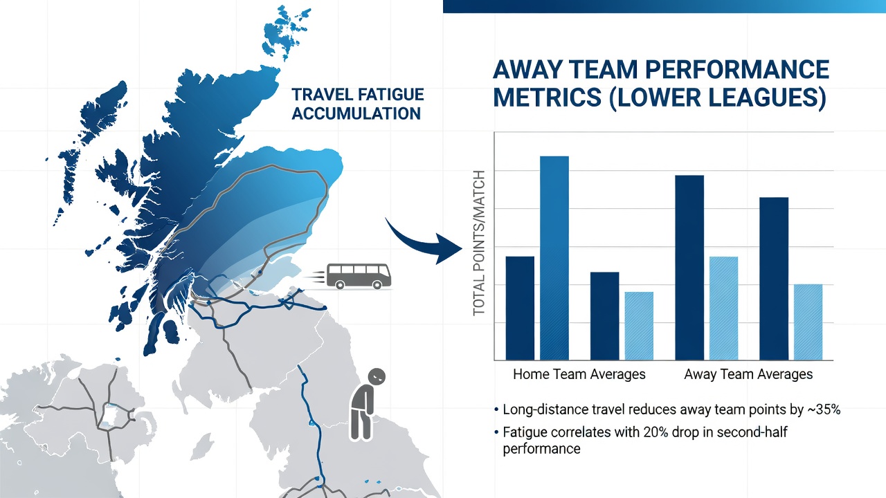 Map showing travel routes and distances between Scottish lower league venues including Highland and Lowland League grounds