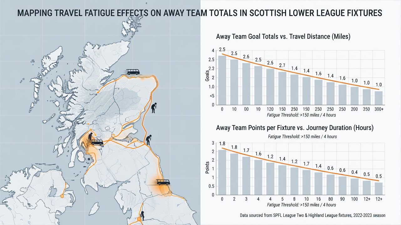 Chart displaying average away team goals scored versus travel distance categories in Scottish lower leagues from 2016 to 2026