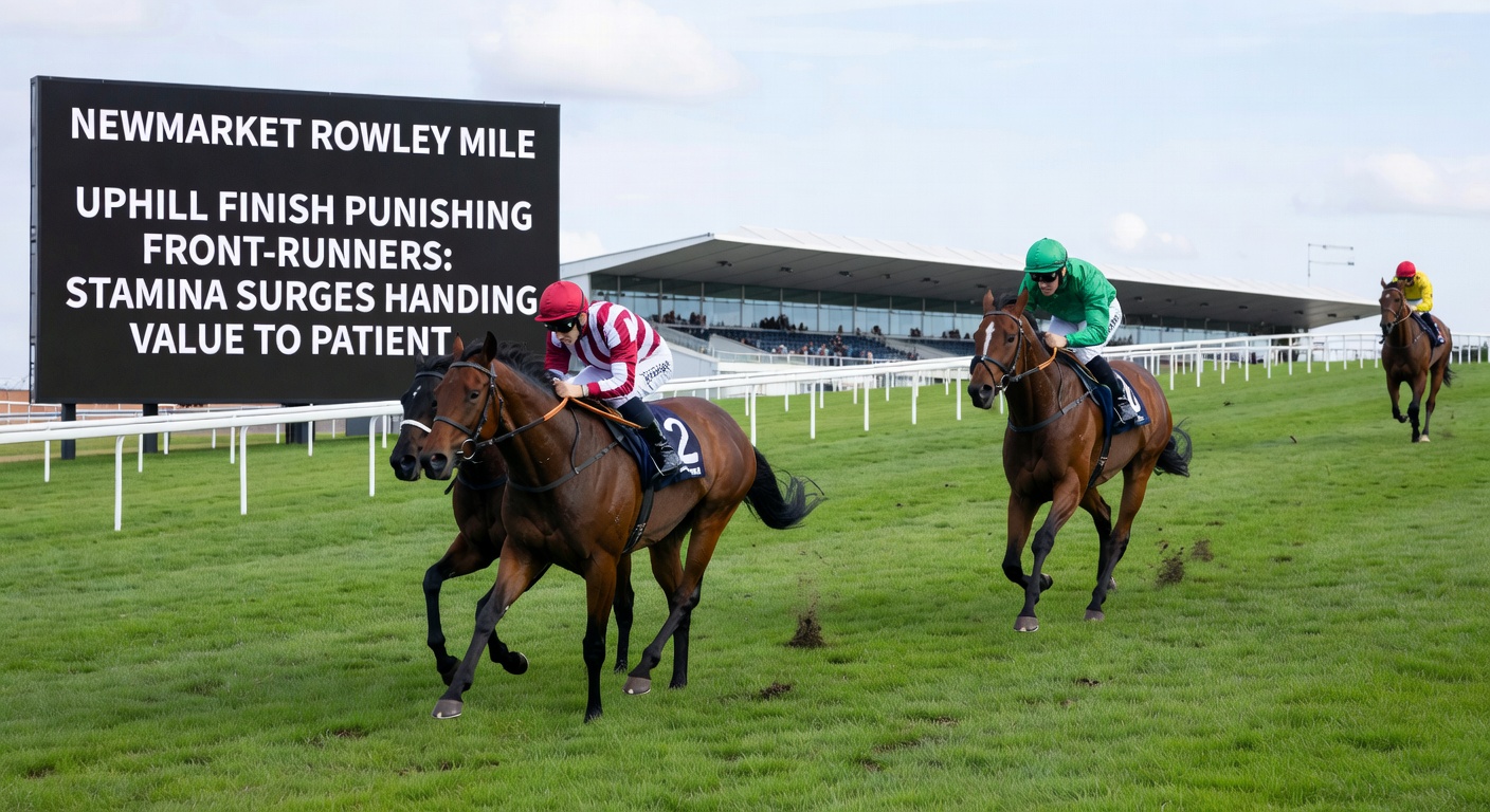 Horses battling up the steep uphill finish on Newmarket's Rowley Mile course during a mile handicap, with closers surging past tiring front-runners