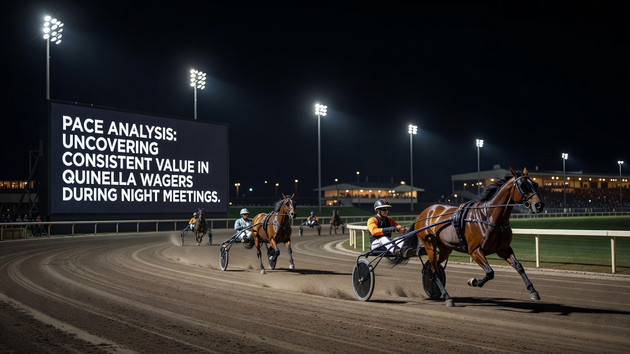 Australian harness racing track under lights during a night meeting with pacers in motion