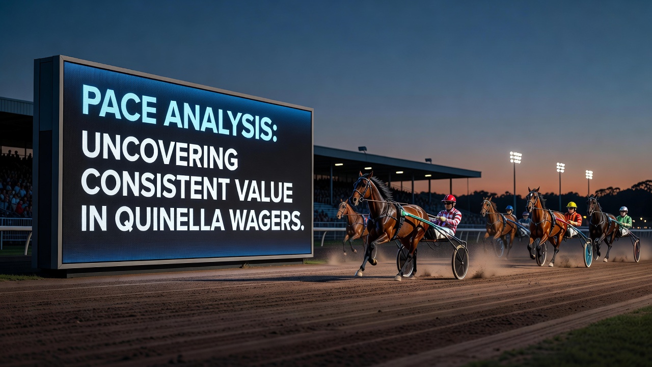 Close-up of harness racing pacers navigating a turn at an Australian night meeting