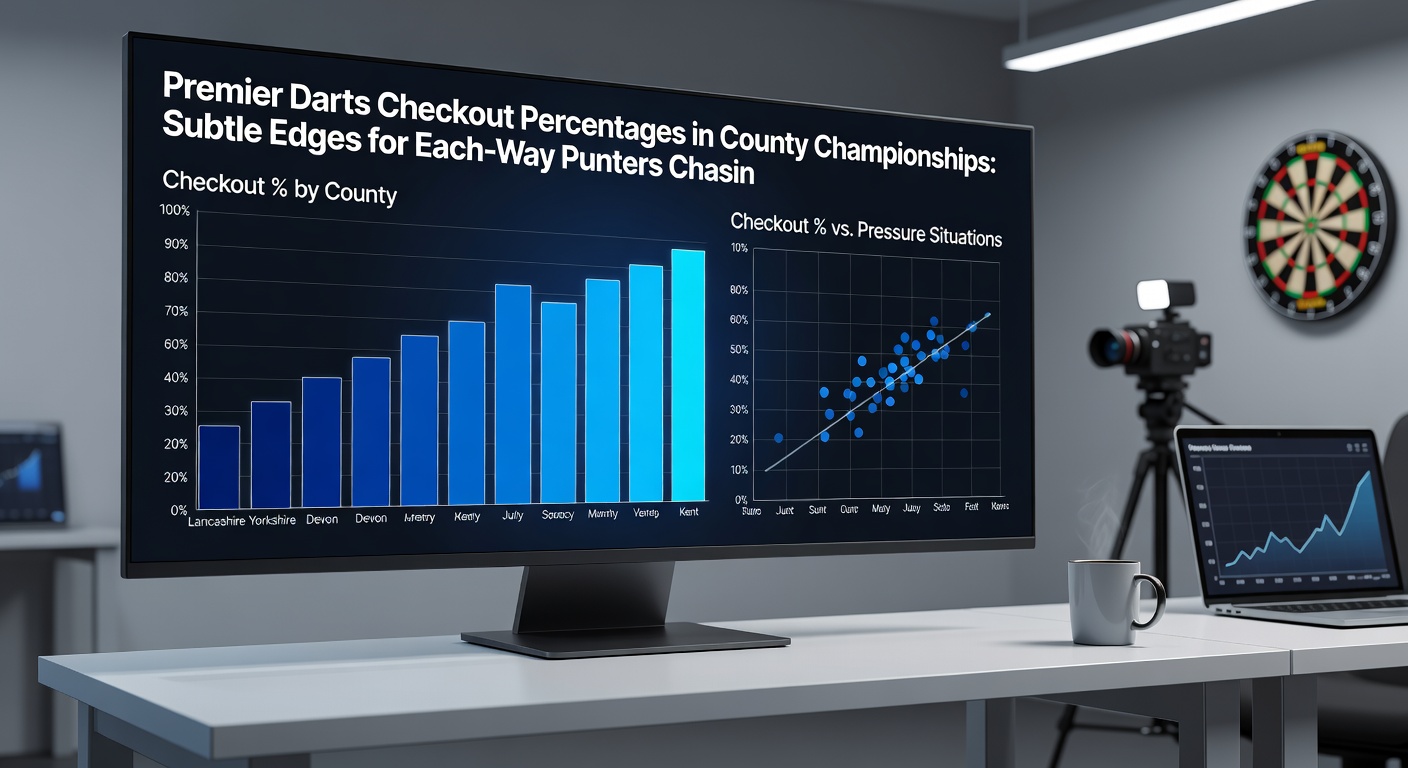 Close-up of a county darts scoreboard displaying high checkout percentages during a Premier Division semifinal, with crowd in blurred background
