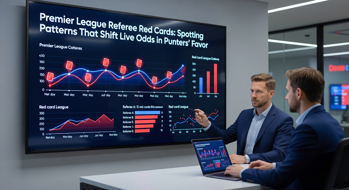 Close-up of a referee consulting VAR during a Premier League match, with players gesturing animatedly and stadium lights illuminating the tension