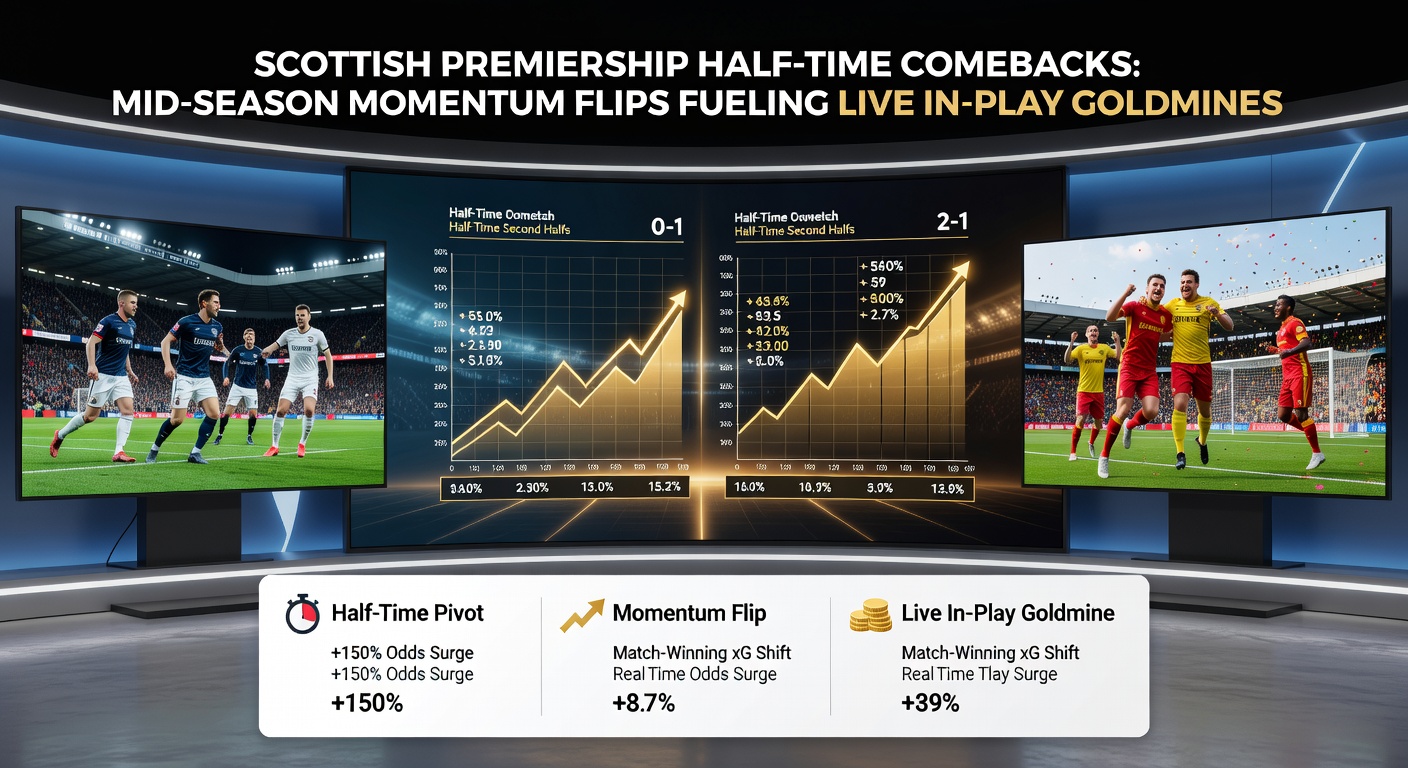 Celtic players celebrating a dramatic half-time comeback goal in the Scottish Premiership, with fans roaring in the background under floodlights