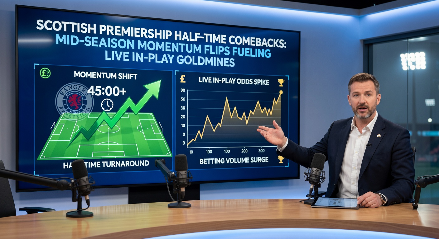 Dramatic Scottish Premiership scene showing a player scoring a late equalizer at half-time plus one, with the scoreboard flipping momentum