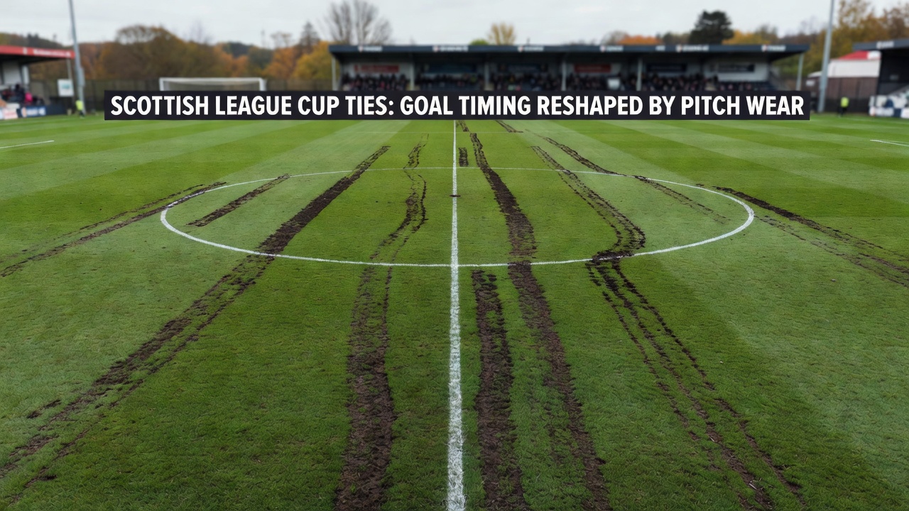 Scottish football pitch showing visible wear patterns during a League Cup match in late autumn