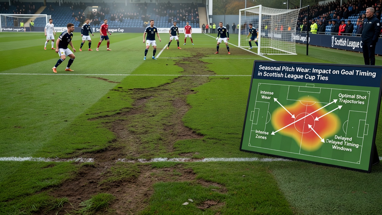 Close-up view of worn turf near the goal area during a Scottish League Cup fixture