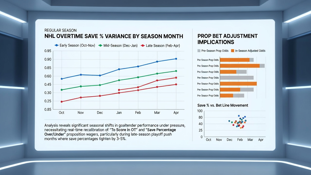 Chart displaying monthly NHL overtime save percentage trends for road teams across recent seasons