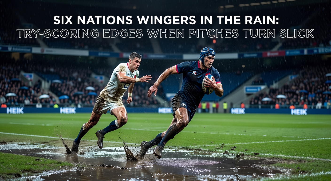 Winger breaking through on a rain-slicked Six Nations pitch, water spraying from the ball as defenders slip