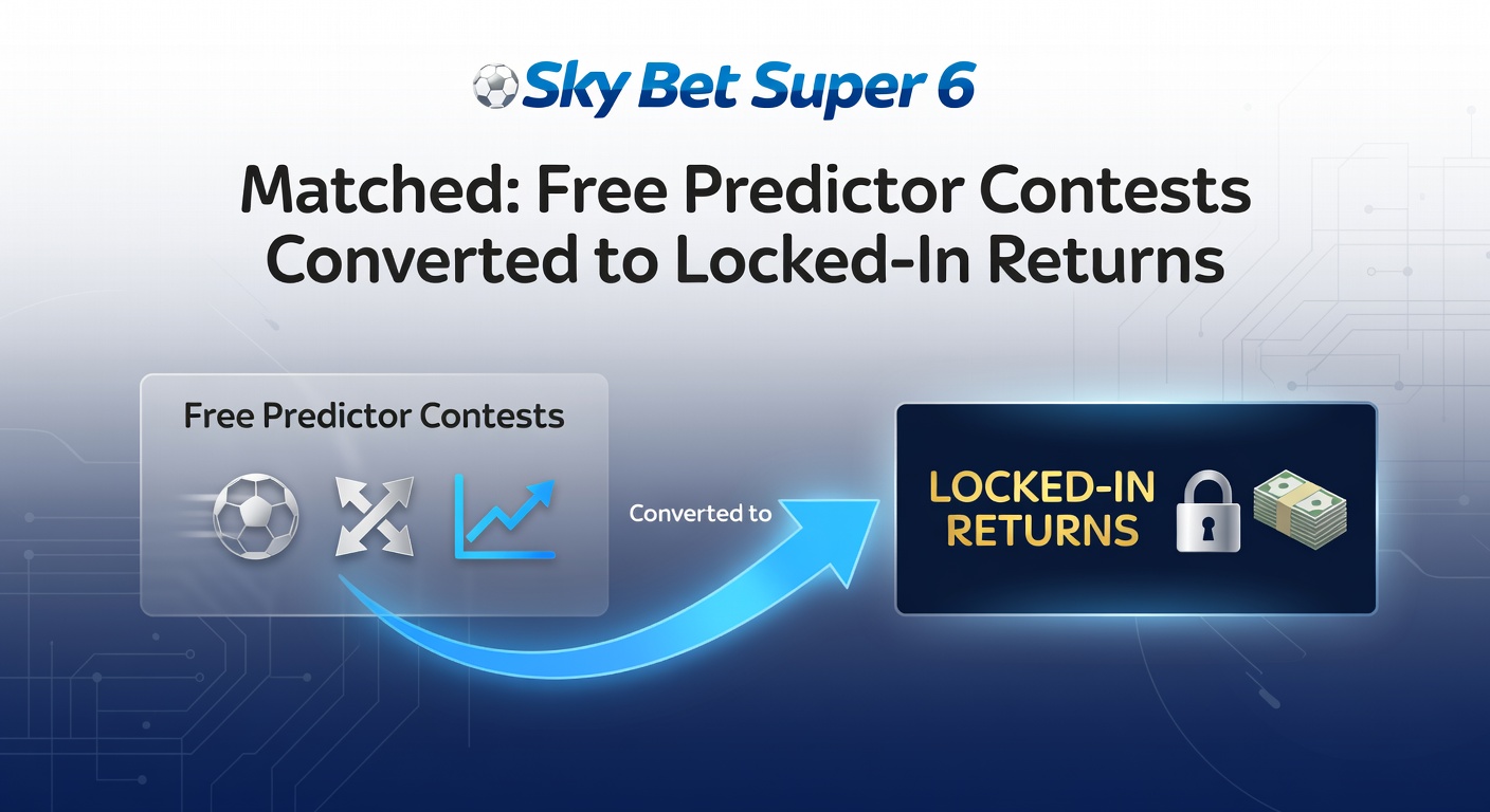 Sky Bet Super 6 app screen displaying six football match predictions with score options highlighted
