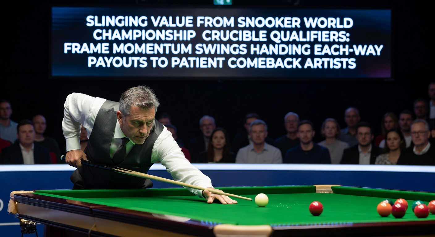 Snooker player potting a crucial frame ball during Crucible qualifiers, capturing a momentum swing moment