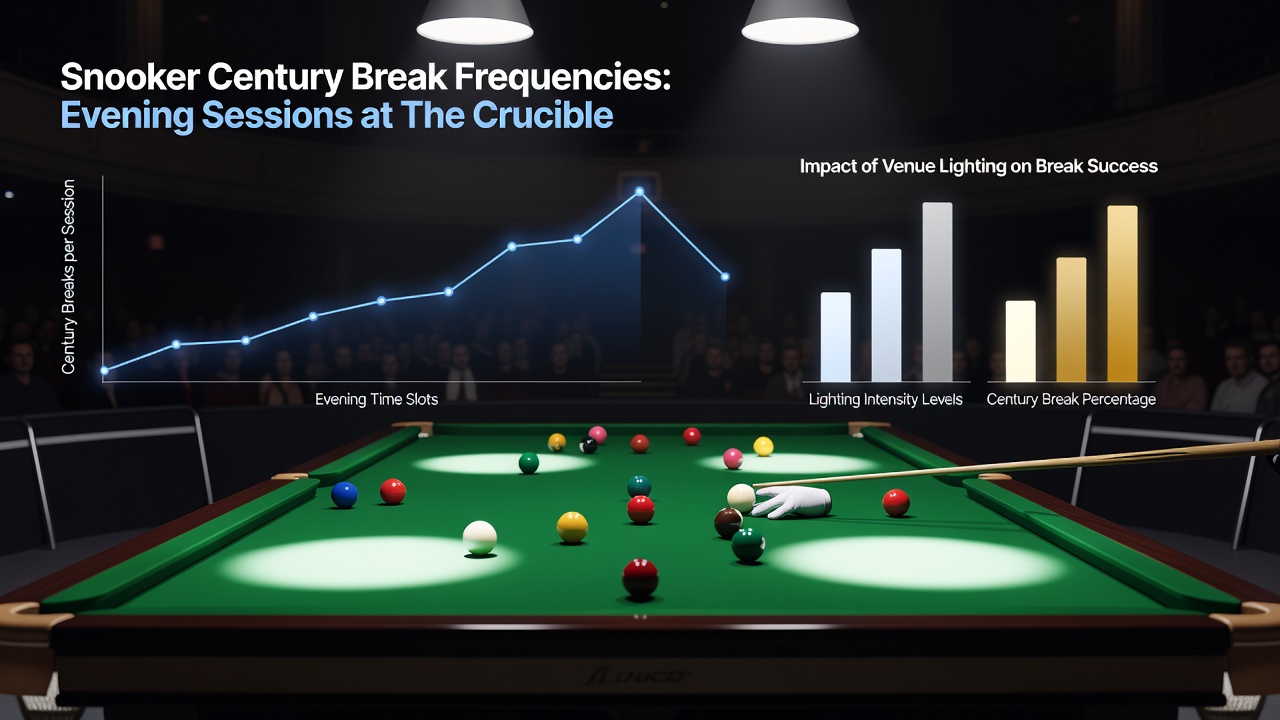 Close-up of snooker table under evening lights with spectators in background at the Crucible