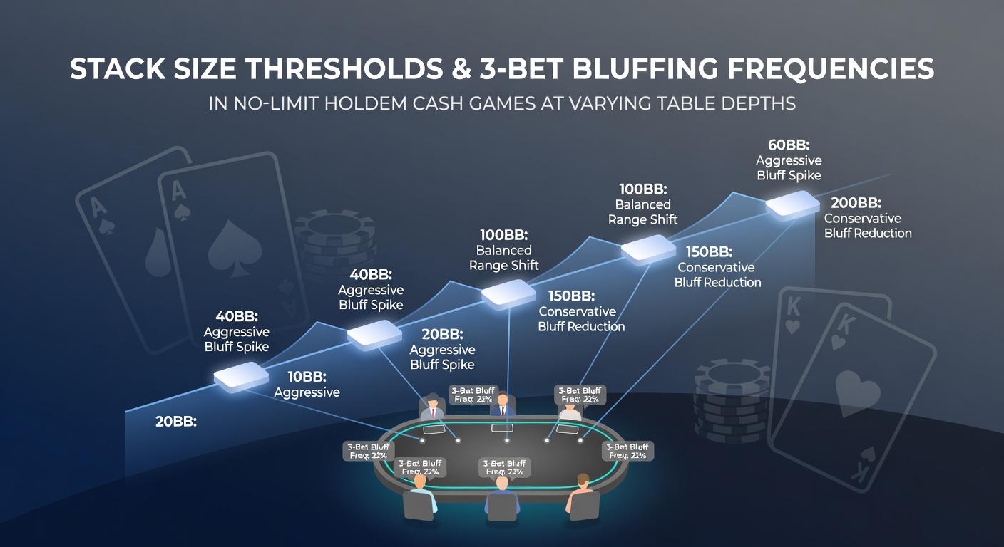 Diagram showing stack depth thresholds affecting three-bet bluff frequencies in NLHE cash games