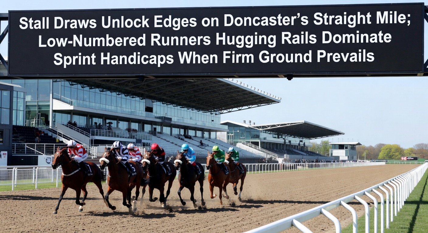 Aerial view of Doncaster Racecourse's straight mile course with runners hugging the rails on firm ground during a sprint handicap