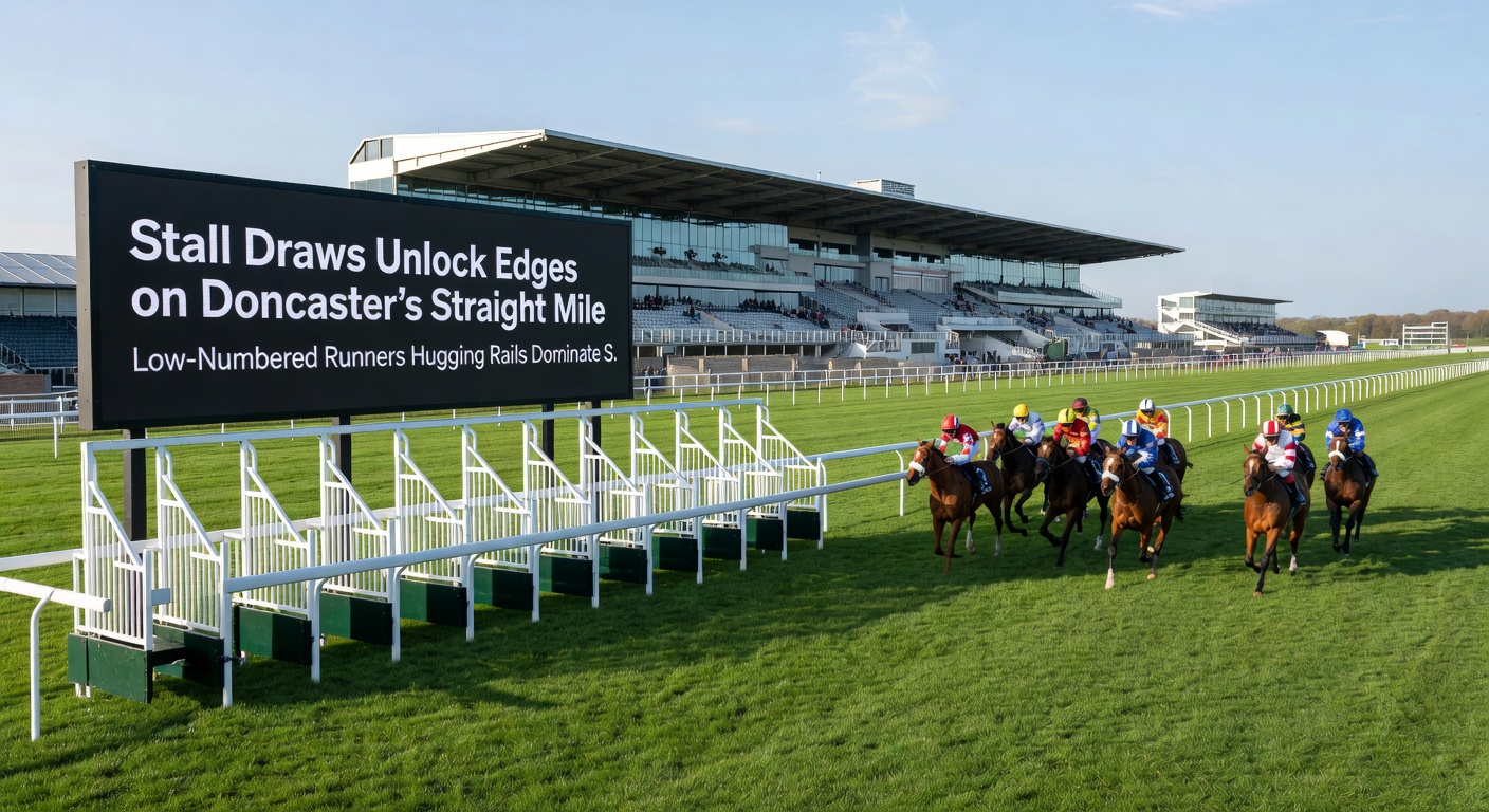 Close-up action shot of low-stall horse hugging the rail to win a Doncaster sprint handicap on firm ground