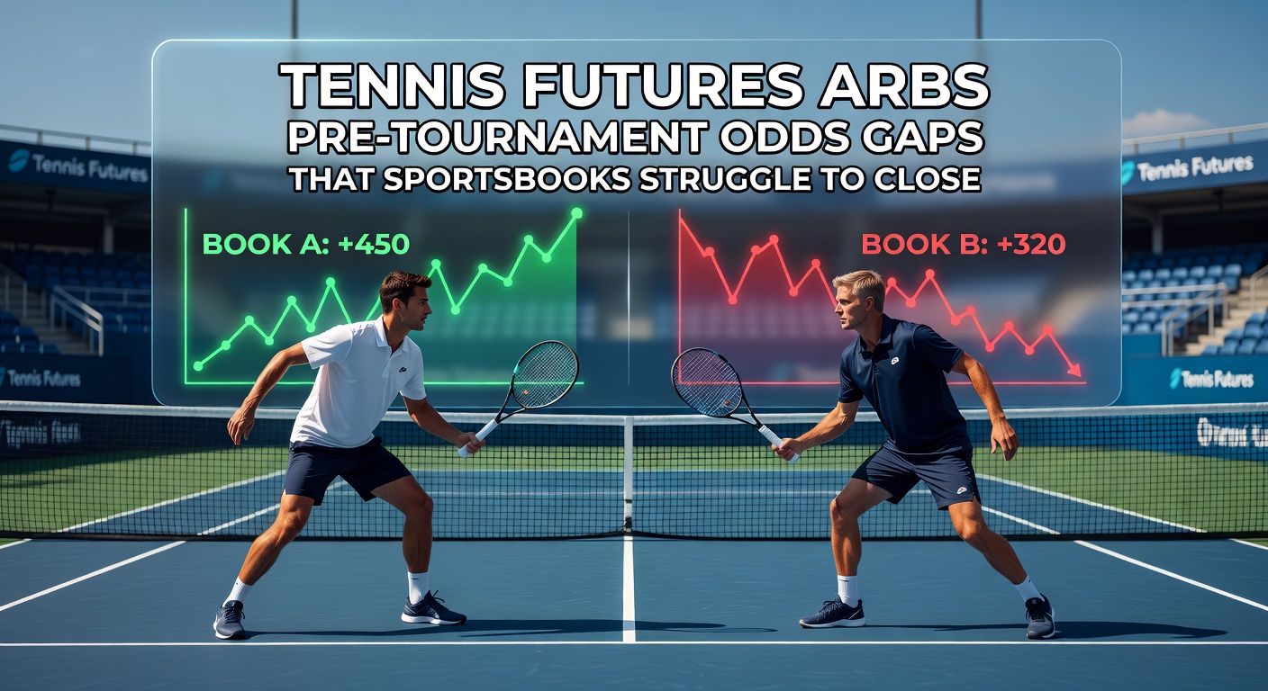 Chart showing pre-tournament futures odds discrepancies across sportsbooks for an ITF Futures event, highlighting arbitrage opportunities